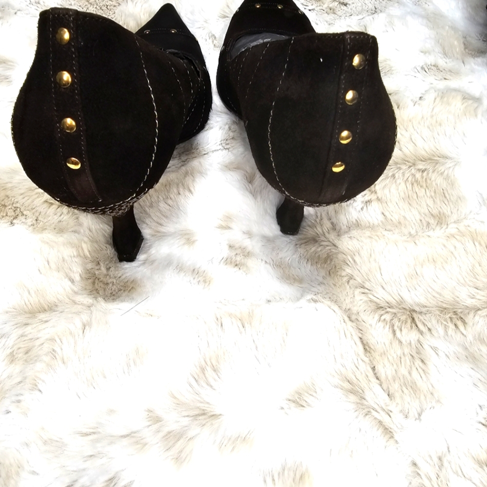 Franco Paolucci pointed‎ toe suede brown/ gold accents, square heel Sz 39 - Picture 6 of 13